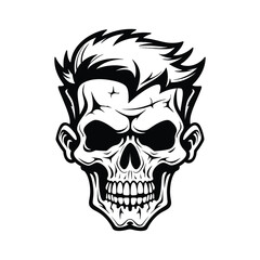 Black and white skull with hair illustration