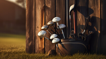 A set of golf clubs leaning against a wooden fence