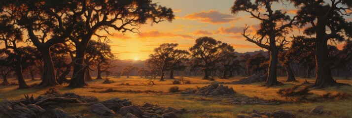 painting of a group of swaying oak trees, sunset, generative AI