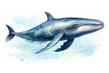 Watercolor blue whale isolated on white baсkground. AI Generative