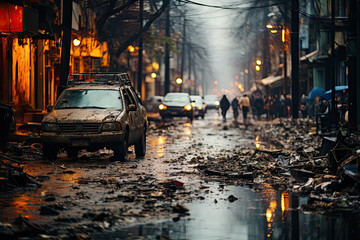 a car parked in the middle of a street with people walking on the sidewalk and debris all over the road