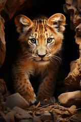 Obraz premium Lion cub king in cave. Baby illustration, AI Generative
