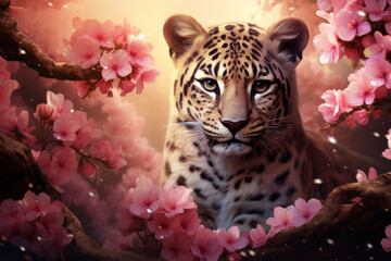 Illustration of cute leopard in flower blossom, Generative Ai