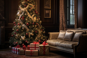 Fototapeta na wymiar Decorated Christmas tree in a room. Illustration Generative AI