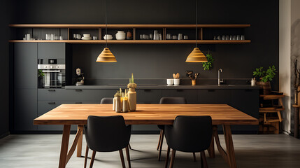 A spacious kitchen with a modern interior design featuring a wooden table and chairs for a home, set against a backdrop of a dark classic wall.