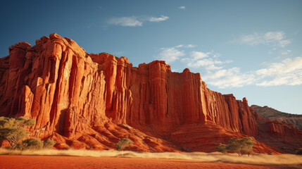 A series of vibrant red cliffs stand tall against a brilliant blue sky, the sun casting a beautiful orange glow