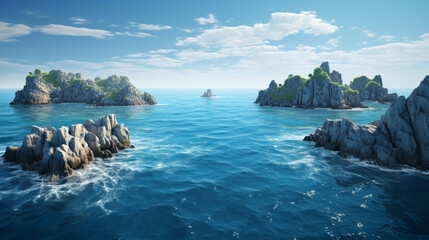 A series of rocky islands, surrounded by a deep-blue ocean, with a distant horizon visible