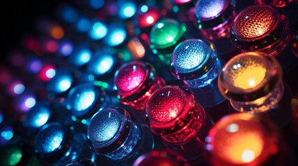 A series of blinking LEDs provides a colorful backdrop, their multicolored lights flashing in the darkness