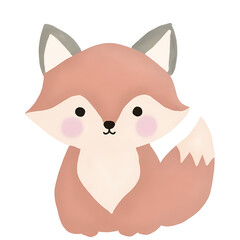 Watercolor fox with rosy cheeks, big eyes, and a fluffy tail.