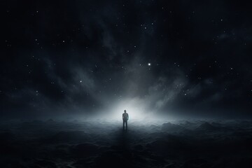 Solitary man in dark space, epitomizing loneliness and cosmic contemplation.

 - obrazy, fototapety, plakaty