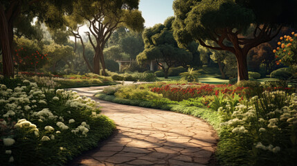 A serene garden, its pathways lined with lush plants and trees