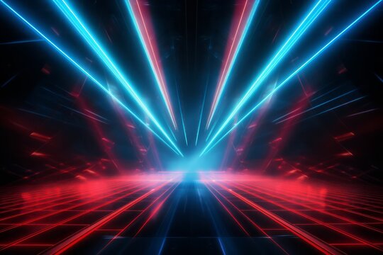 Abstract 3D illustration of laser neon red and blue light rays for festive concert and music hall settings.

