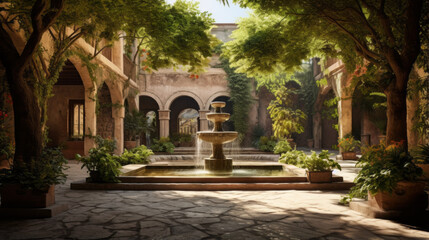 A serene courtyard, with a central fountain surrounded by lush plants and trees