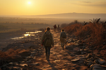 two people walking down a dirt path in the desert at sunset with mountains and hills in the photo...