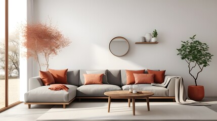 modern living room ideas with couch and sofa and window, in the style of light orange and light beige, serene minimalism, mediterranean-inspired, matte background