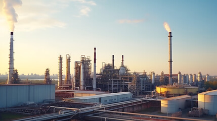 An industrial oil refinery in the oil and gas petrochemical industry, featuring oil and gas storage tanks and steel pipelines, showcasing the key elements of the refinery process