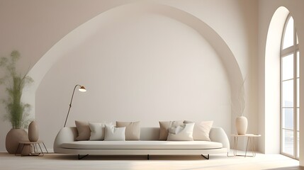 a room with white sofas and a window, in the style of earth tone color palette, arched doorways, monochromatic minimalism, soft color blending