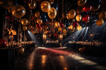 a party with balloons, candles and contros on the dance floor in front of a stage set up for a...