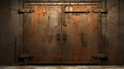 A rusted door stands in the corner, its pitted hinges barely visible in the dimness
