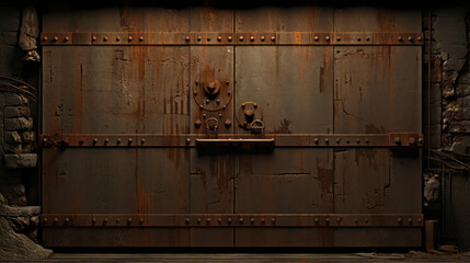A rusted door stands in the corner, its pitted hinges barely visible in the dimness