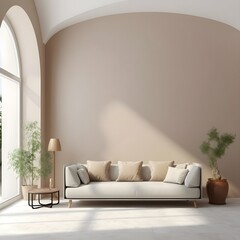 the interior of a room with a pale beige couch and vase, in the style of arched doorways, tonalist color scheme, minimalist palette, pink, mediterranean landscapes, glazed surfaces