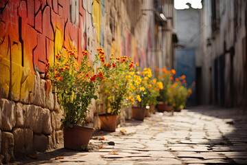 flowers growing in pots on the side of a building with graffiti painted on the wall behind it and an alley way