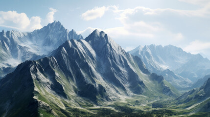 A rugged mountain range stands tall against the horizon, its jagged peaks piercing the sky and casting a majestic shadow across the land