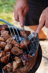 Cooking shashlik on a barbecue.