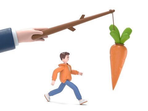 3D illustration of male guy Qadir running for bait,Big hand holds carrots on stick.Incentive concept. Business metaphor. Personnel management leadership. Motivate people. 3D rendering on white backgro