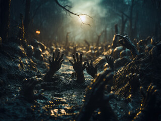 Many zombie hands stick out of the ground in a cemetery on an eerie night of the risen dead.