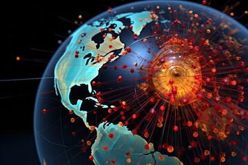 the earth with many red dots and lines around it, all connected to each other networked by orange circles - Powered by Adobe