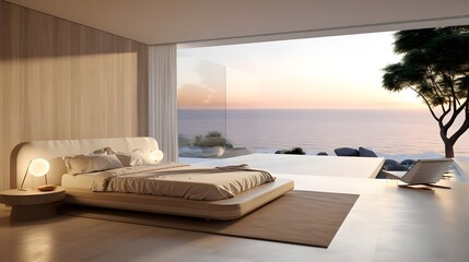 Fototapeta na wymiar a minimalist room with a sea view, in the style of beige, highly detailed, outdoor scenes, serenity and calm, dreamlike settings, rich and immersive