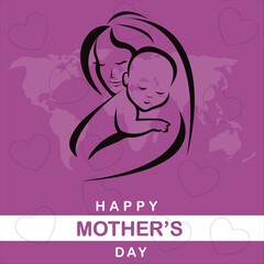 Mother's day greeting card. Vector banner with girl and flying pink paper hearts. Symbols of love on pink background