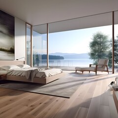 a white bedroom with large windows with a view of a lake,