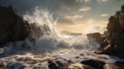 A rugged coastline with waves crashing against the rocks
