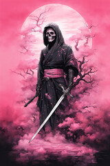 The undead samurai has a skull face and soul-pushing sword in shades of pink and black