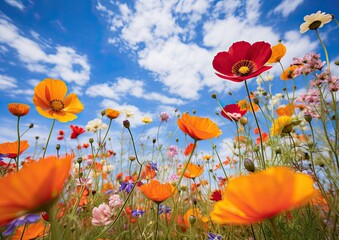 Obraz premium A field of vibrant wildflowers in full bloom, captured from a low angle to emphasize their beauty