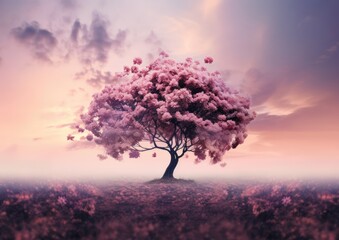 Fototapeta na wymiar A dreamy and surreal image of a tree silhouette against a field of blooming flowers, shot from a