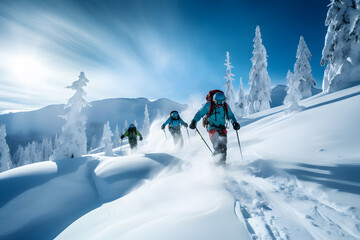 Backcountry Skiing. Skiers Carving Through Fresh Powder in a Remote Wilderness