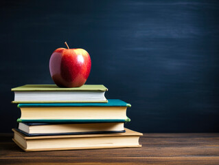 Red Apple Atop Stacked Books Against Dark Chalkboard Background. Education Theme