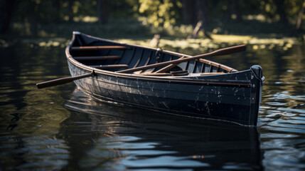 A rowboat in a lake, oars resting in the bottom