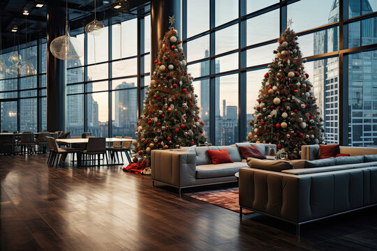 a living room with christmas trees and couches in front of large windows looking out onto the cityscape