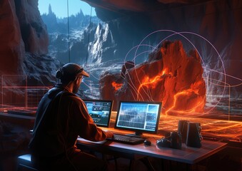 A geologist analyzing seismic data on a computer screen, with a futuristic holographic display