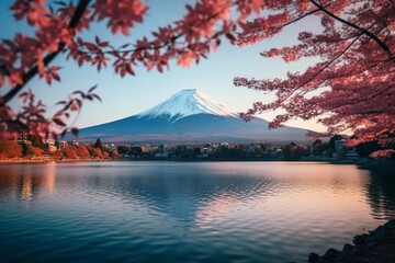 Generative AI : Fuji mountain and Kawaguchiko lake in morning, Autumn seasons Fuji mountain at...