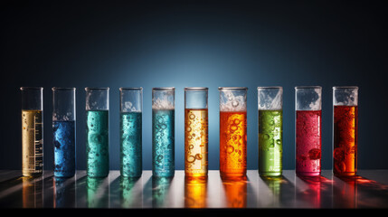 A row of test tubes filled with different colored liquids, with a microscope and Bunsen burner in the background - obrazy, fototapety, plakaty