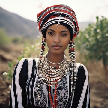 Generative AI : beautiful oromo Ethiopian woman wearing black red white gray striped dress