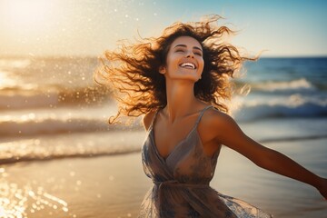 Generative AI : elegant woman at the beach rejoicing_