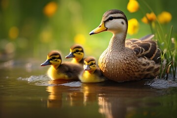Generative AI : Ducklings Baby Duck Mother and her ducklings.