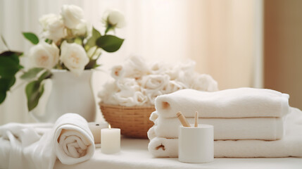 Fototapeta na wymiar Towels alongside herbal bags and beauty treatment essentials arranged in a serene spa center within a white room
