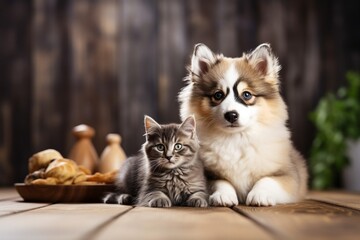 Generative AI : Adorable fluffy Pomsky dog pup, sitting together with British Shorthair cat kitten